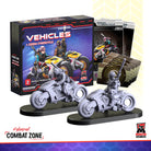 Cyberpunk RED: Combat Zone - Zonda Cybercycle Vehicles (PREORDER) - Two unpainted gray cyberpunk-style motorcycle miniatures with futuristic designs, displayed on black oval bases, alongside.