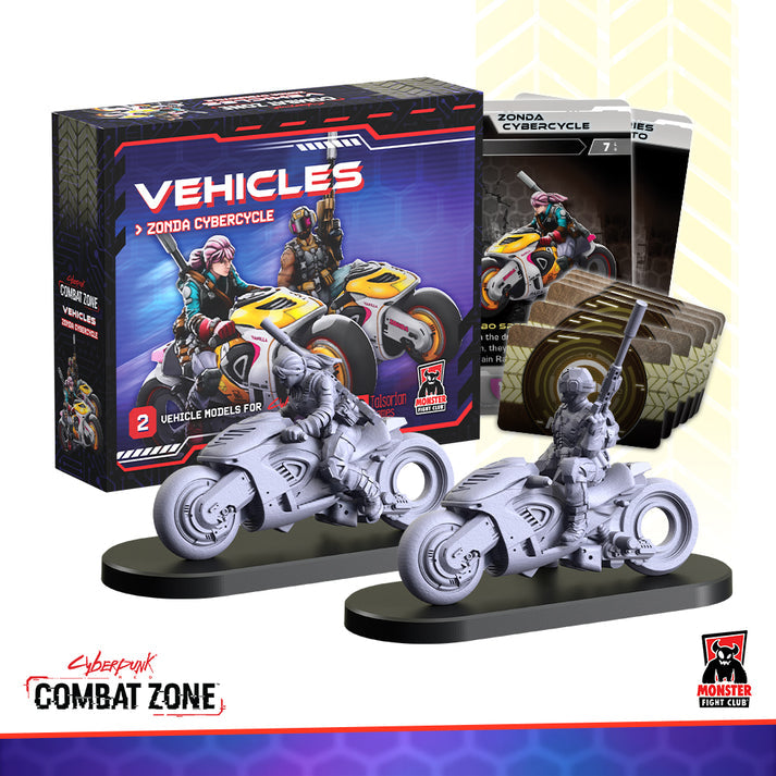 Cyberpunk RED: Combat Zone - Zonda Cybercycle Vehicles (PREORDER) - Two unpainted gray cyberpunk-style motorcycle miniatures with futuristic designs, displayed on black oval bases, alongside.