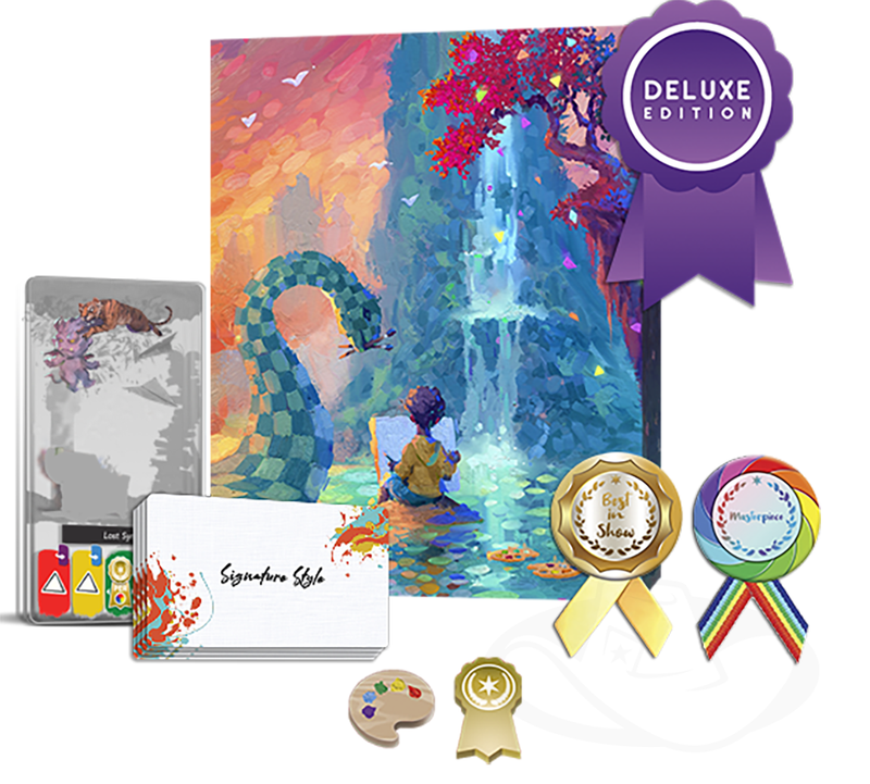 Canvas: Reflections Deluxe (PREORDER) - Reflections Deluxe board game box with vibrant watercolor artwork of a girl painting by a waterfall, deluxe edition badge,.