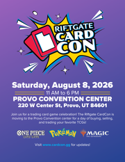 CardCon Vendor Tables - Riftgate CardCon colorful logo with event details for August 8, 2026, on a purple background.