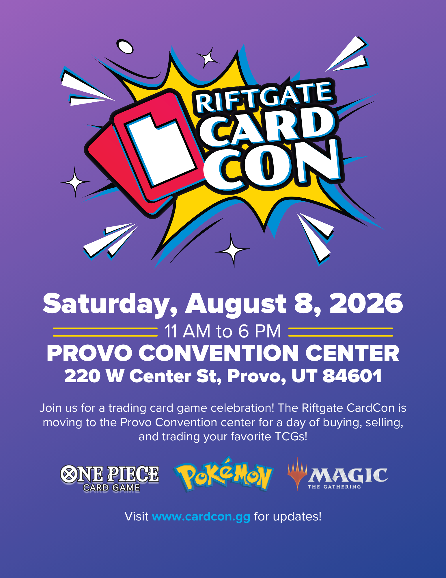 CardCon Vendor Tables - Riftgate CardCon colorful logo with event details for August 8, 2026, on a purple background.