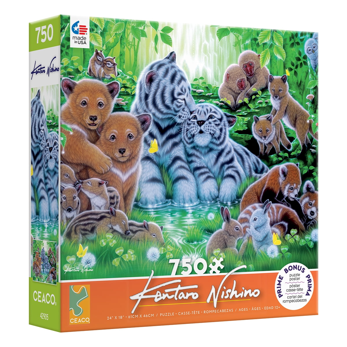 Animal Forest 750 Piece Puzzle - 750-piece puzzle box featuring colorful illustration of various forest animals in lush green jungle setting.