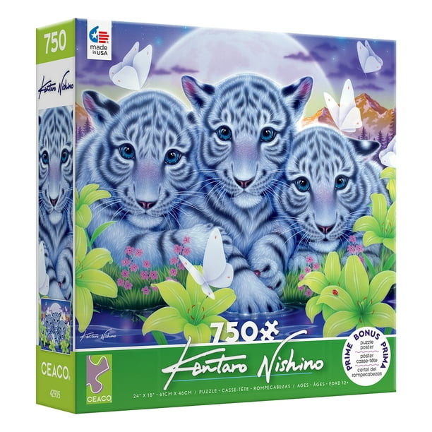 Little Brothers 750 Piece Puzzle - 750-piece puzzle box featuring three blue-gray tiger cubs with butterflies and green foliage.
