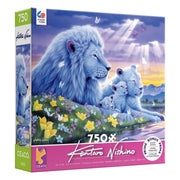 Lion's Happiest Moments 750 Piece Puzzle - 750-piece puzzle box featuring artwork of a serene white lion family surrounded by colorful flowers under a purple-blue sky.