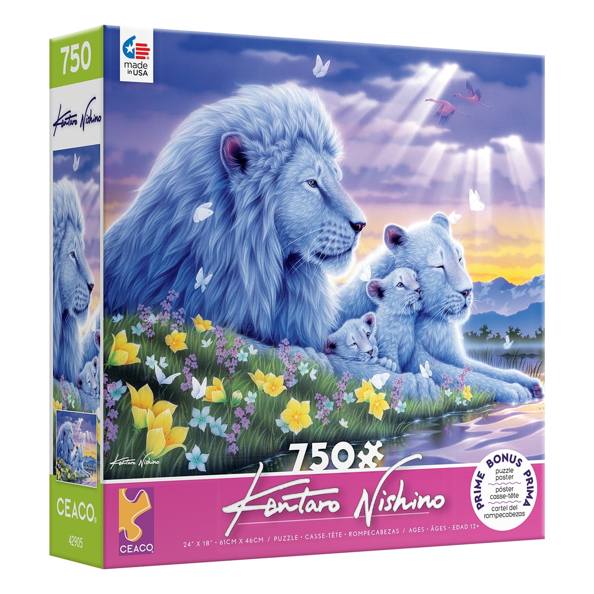 Lion's Happiest Moments 750 Piece Puzzle - 750-piece puzzle box featuring artwork of a serene white lion family surrounded by colorful flowers under a purple-blue sky.