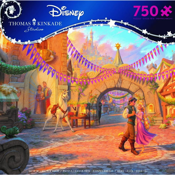 Rapunzel in the Courtyard - 750 Piece Puzzle - Colorful 750-piece puzzle featuring Rapunzel and Flynn Rider dancing in a sunny, decorated courtyard with banners and arches.