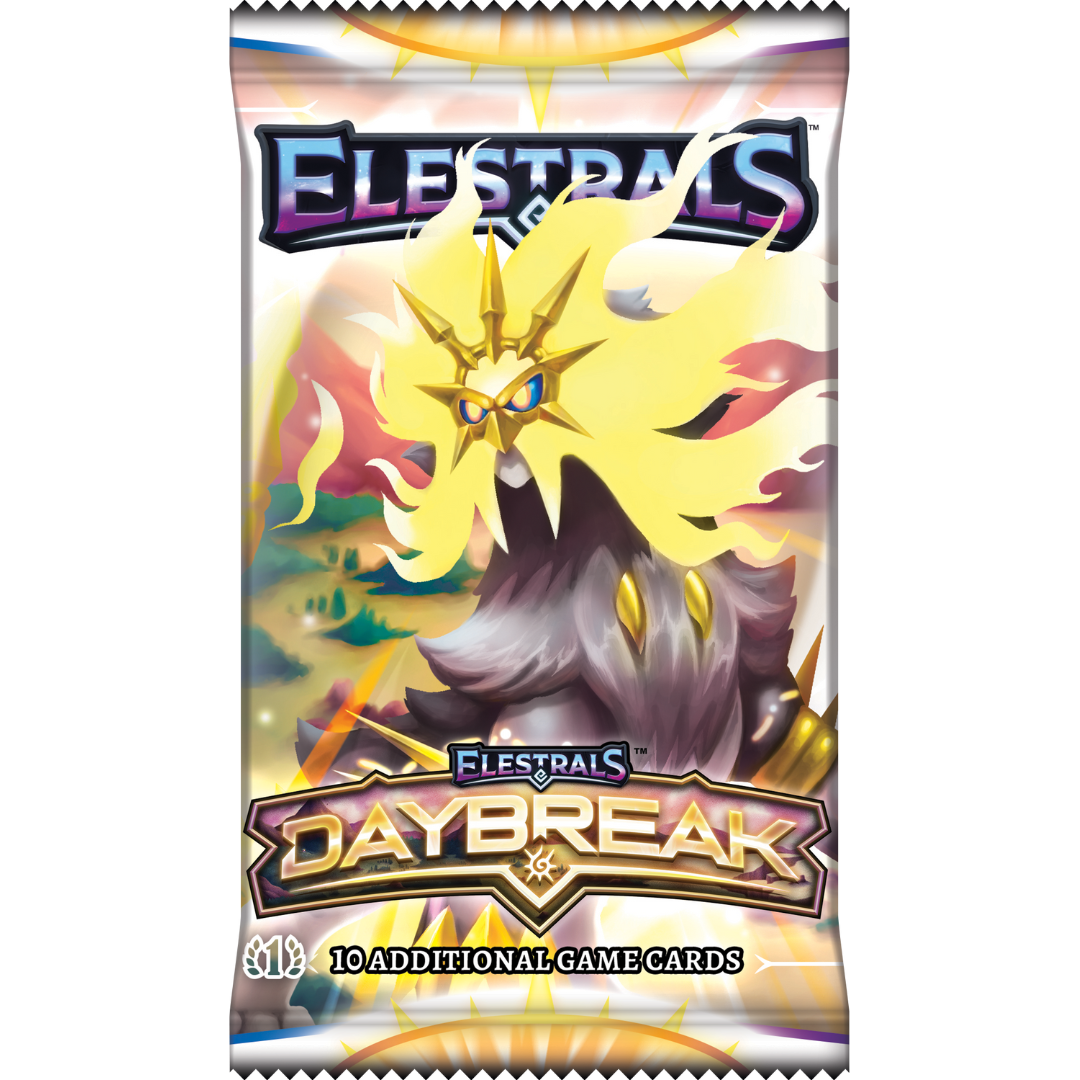 Elestrals - Daybreak - Booster Pack - Elestrals Daybreak booster pack with vibrant yellow and orange sun-themed creature on silver foil packaging.