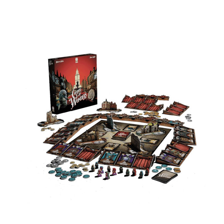 Chamber of Wonders: Core Game - Board game set with a dark red and black box, colorful character tokens, multiple cards, circular and rectangular game.