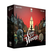 Chamber of Wonders: Core Game - Square board game box with dark fantasy artwork featuring a glowing tower at sunset and mysterious artifacts on a wooden.