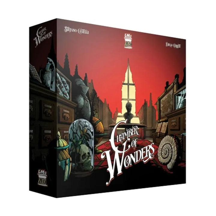 Chamber of Wonders: Core Game - Square board game box with dark fantasy artwork featuring a glowing tower at sunset and mysterious artifacts on a wooden.