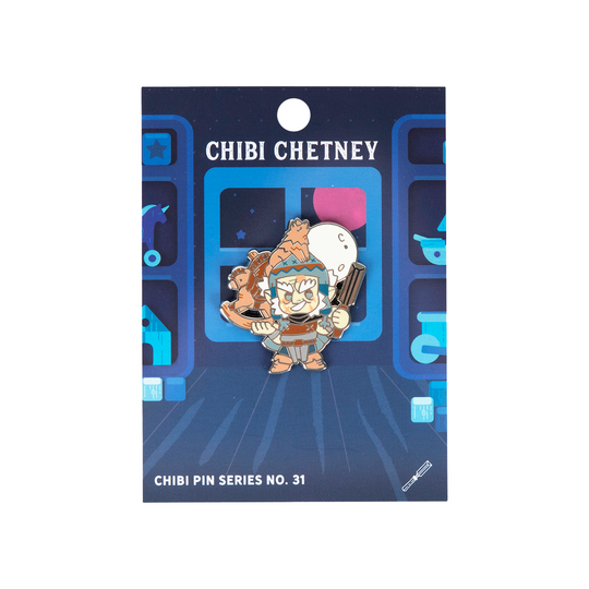 Critical Role Chibi Pin - Chetney Pock O'Pea - Chibi-style enamel pin of a burly character with white hair and beard, holding a mug and a knife, colorful detailed design.