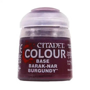 Citadel Base Paint: Barak-nar Burgundy - Small plastic jar of deep burgundy Citadel Base paint with dome-shaped lid and white text on label.