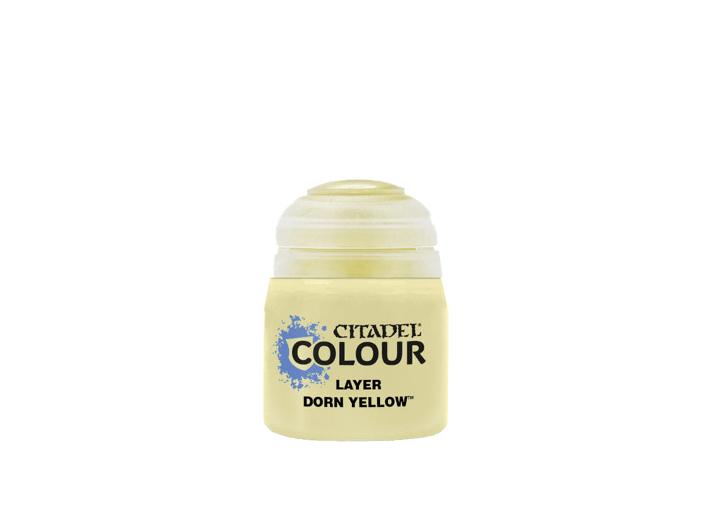 Citadel Layer Paint: Dorn Yellow - Small Citadel Colour Layer Paint pot in pale yellow labeled Dorn Yellow with black and blue text.