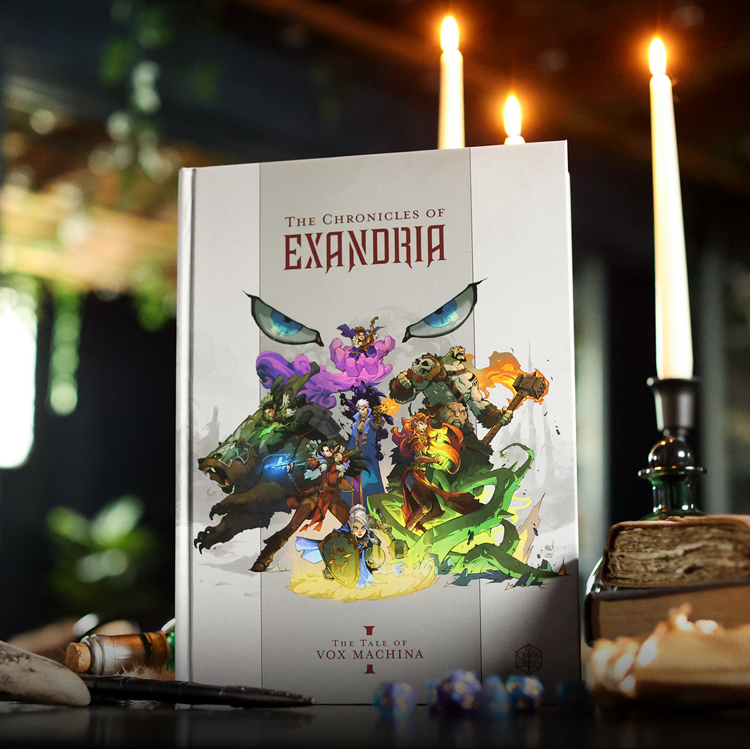 The Chronicles of Exandria Vol I: The Tale of Vox Machina - Hardcover book titled The Chronicles of Exandria Vol I with colorful fantasy character illustrations on white cover and.