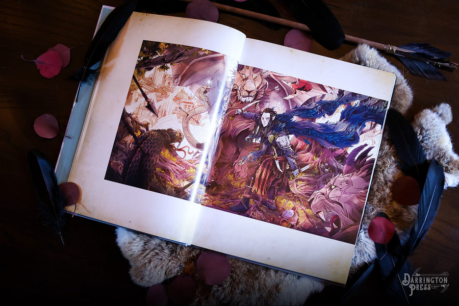 The Chronicles of Exandria Vol I: The Tale of Vox Machina - Open art book showing colorful fantasy illustrations of characters and mythical creatures on glossy pages.
