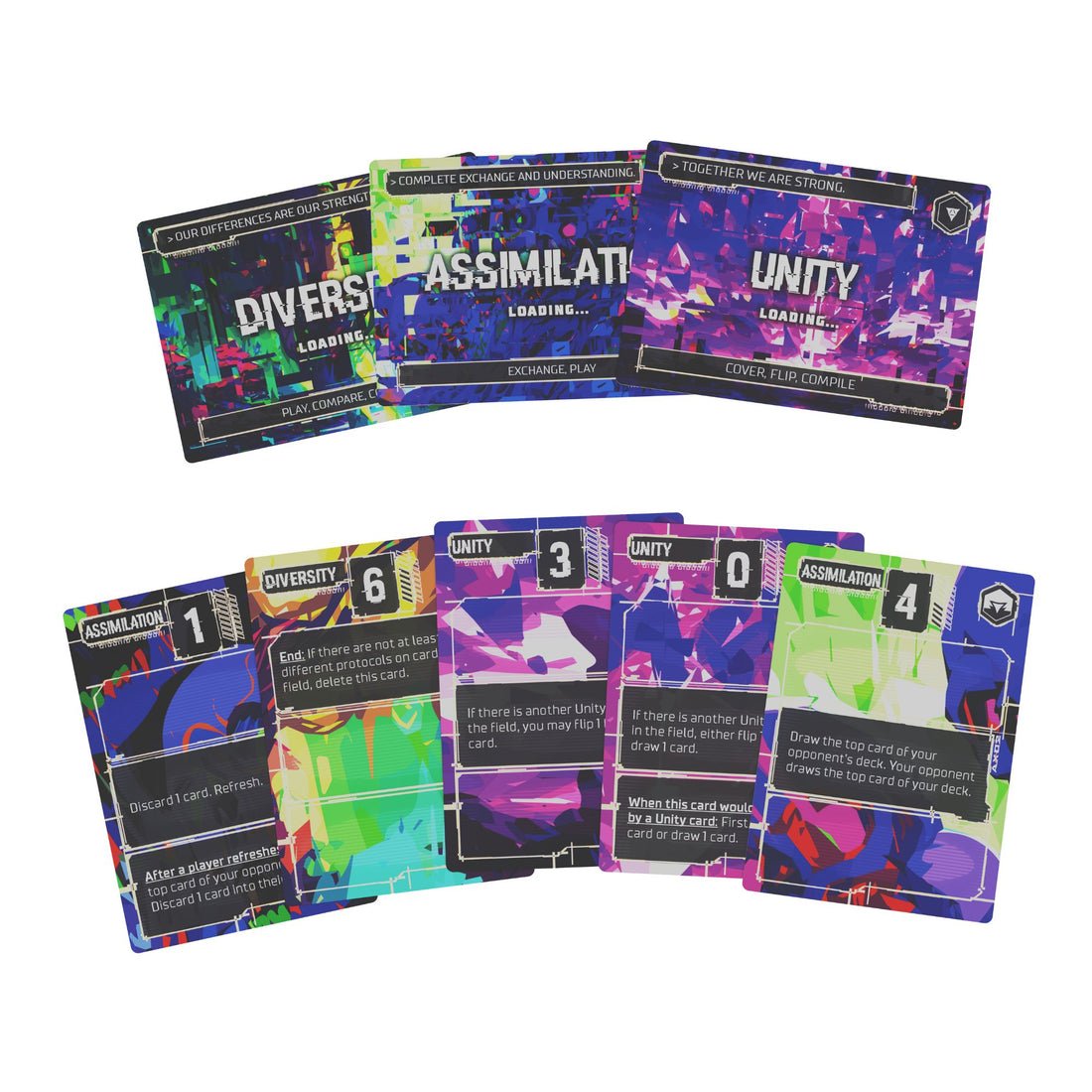 Compile: Aux 2 - Colorful rectangular game cards with abstract, vibrant backgrounds and white text, arranged in two rows on a white surface.