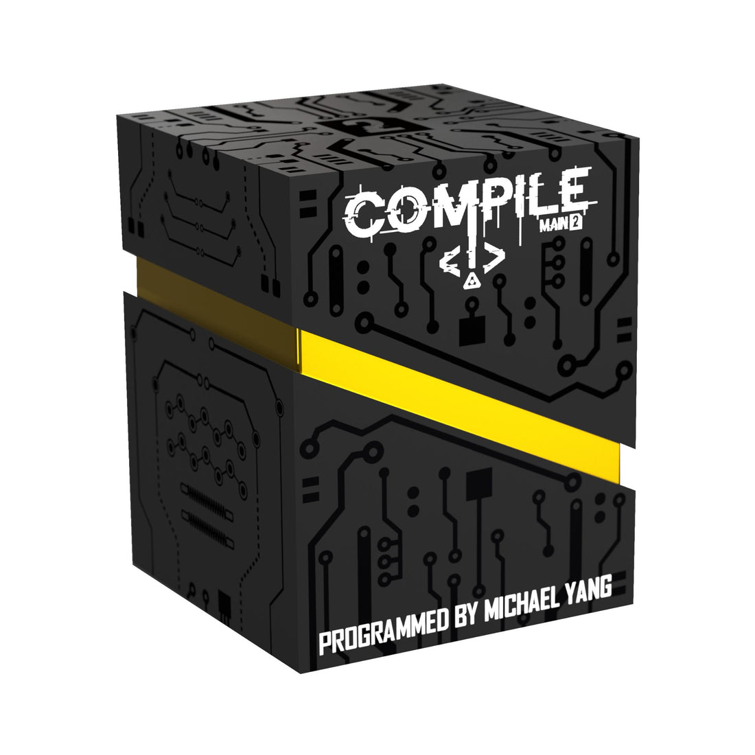 Compile: Main 2 - Black box with circuit board pattern and bold white text "Compile Main" with a yellow diagonal stripe separating top and.