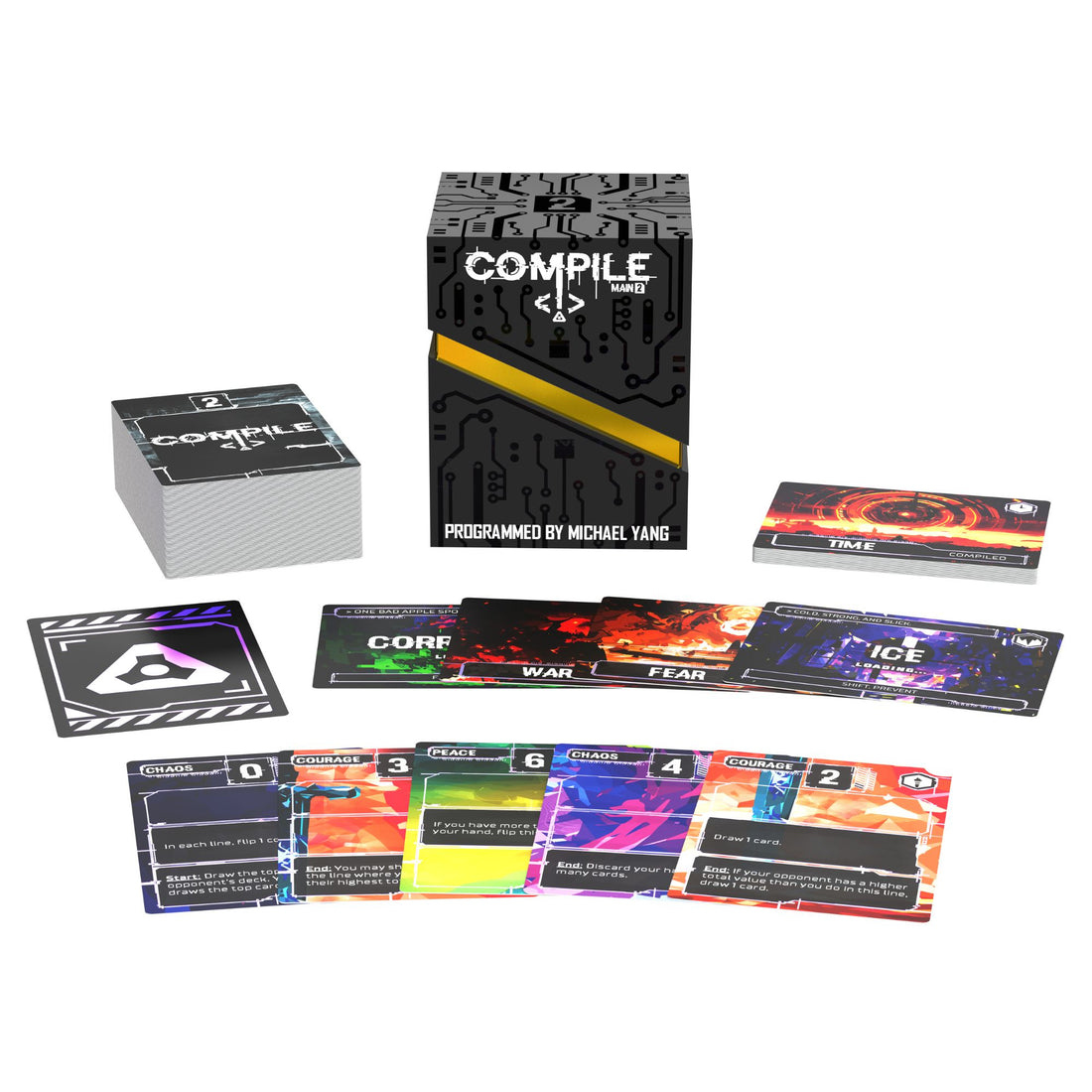 Compile: Main 2 - Compact black box with geometric yellow design labeled Compile, surrounded by colorful game cards featuring bold text and.