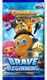 CookieRun TCG: Brave Beginning Booster Pack - Brave" and "Brave Beginning" on a blue, starry background.