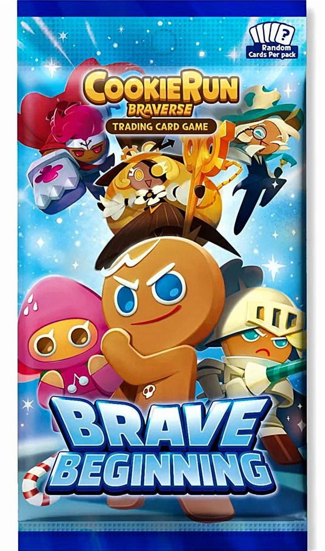 CookieRun TCG: Brave Beginning Booster Pack - Brave" and "Brave Beginning" on a blue, starry background.