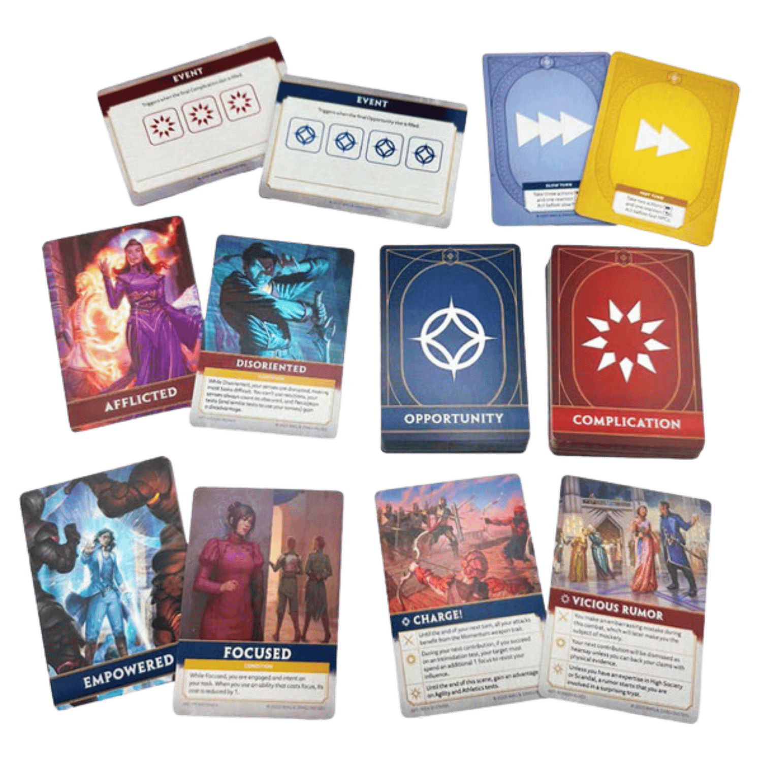 Cosmere RPG: Stormlight Plot Deck - RPG plot deck cards with colorful fantasy artwork, labeled categories, and symbolic icons on blue, red, and yellow.