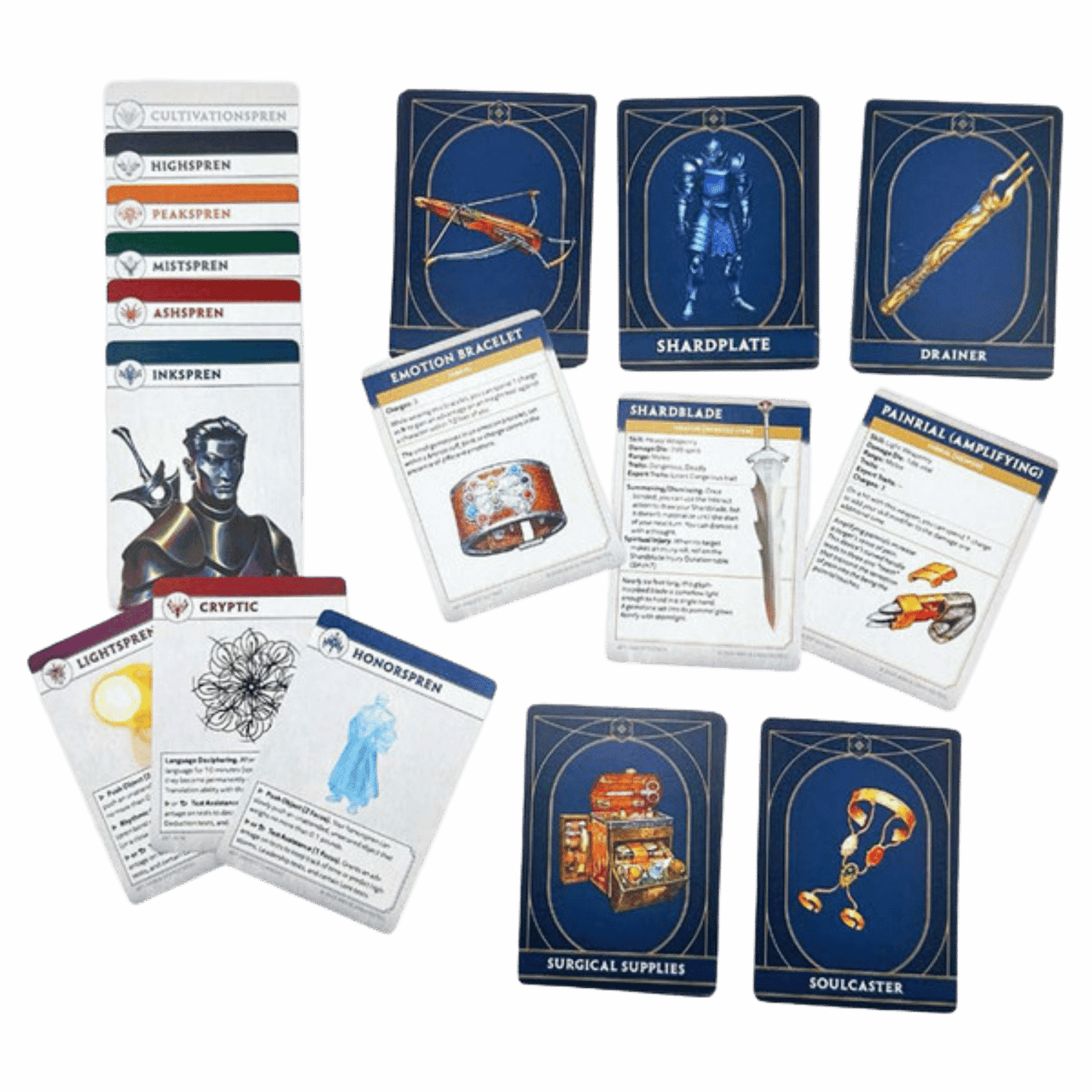 Cosmere RPG: Stormlight Item Deck - Cosmere RPG Stormlight Item Deck with illustrated cards showing weapons, armor, supplies, and text descriptions on blue and.