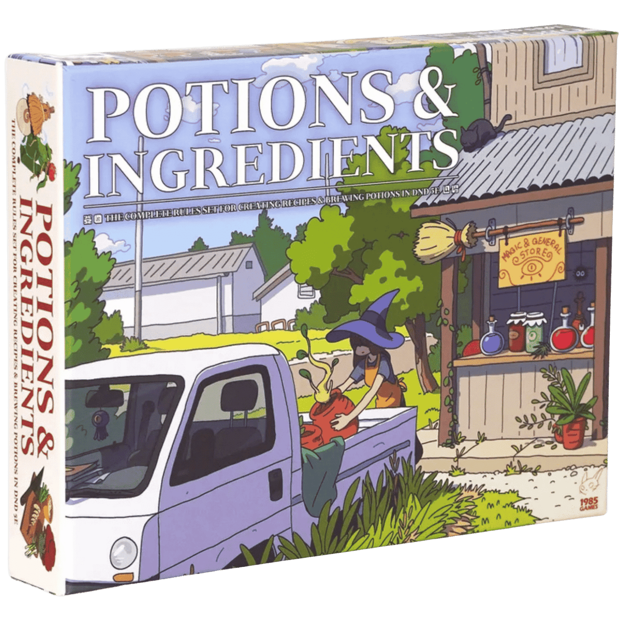 Obojima RPG Potion & Ingredient Deck - Square deck box featuring colorful fantasy artwork of a witch and potions outside a rustic shop.