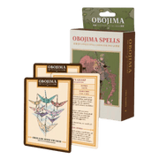 Obojima RPG Spell Deck (PREORDER) - Obojima RPG Spell Deck with green and gold tuck box, featuring illustrated spell cards with fantasy artwork and descriptive.