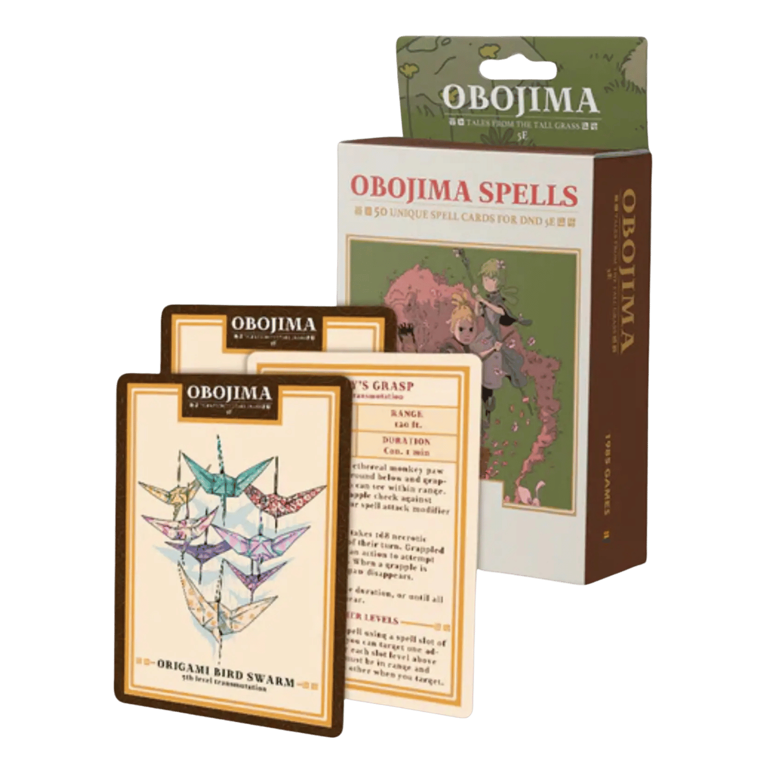 Obojima RPG Spell Deck (PREORDER) - Obojima RPG Spell Deck with green and gold tuck box, featuring illustrated spell cards with fantasy artwork and descriptive.