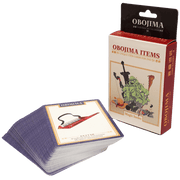 Obojima RPG Magic Items Deck (PREORDER) - Deck of rectangular RPG cards with colorful fantasy-themed illustrations, displayed alongside a red and beige Obojima Items.