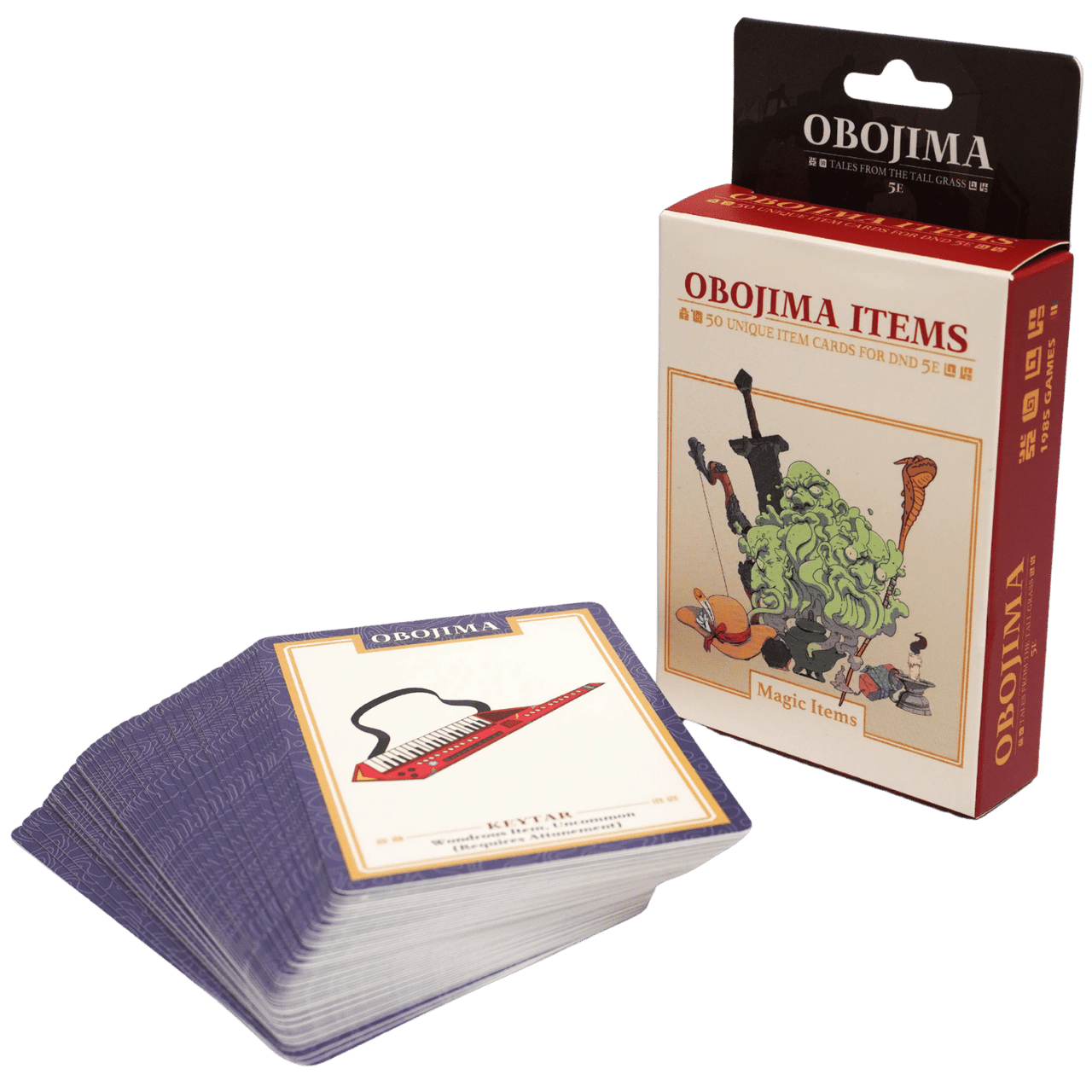 Obojima RPG Magic Items Deck (PREORDER) - Deck of rectangular RPG cards with colorful fantasy-themed illustrations, displayed alongside a red and beige Obojima Items.