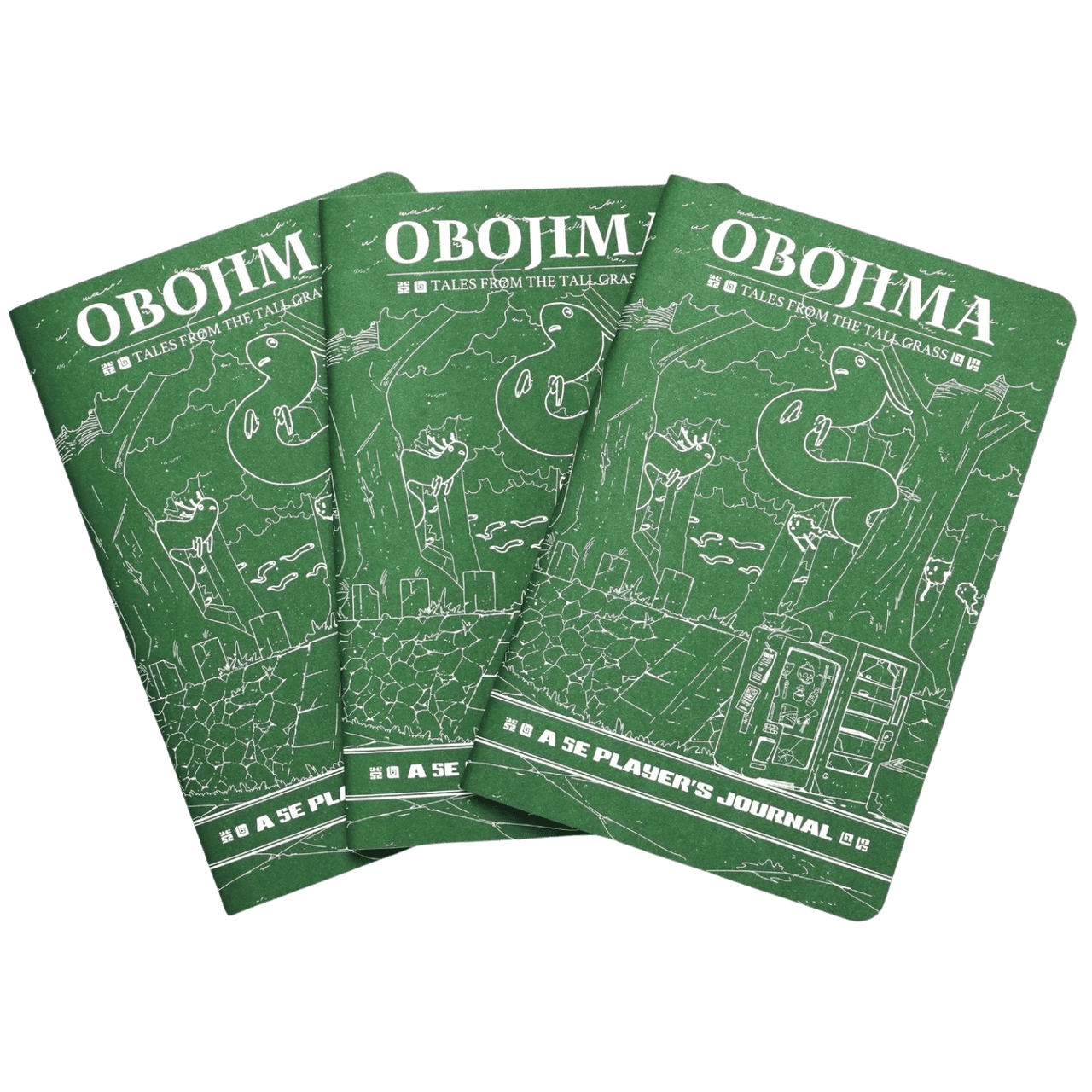 Obojima RPG Player’s Journals 3-Pack - Set of three green Obojima RPG player’s journals with white line art maps and game-related icons on the covers.