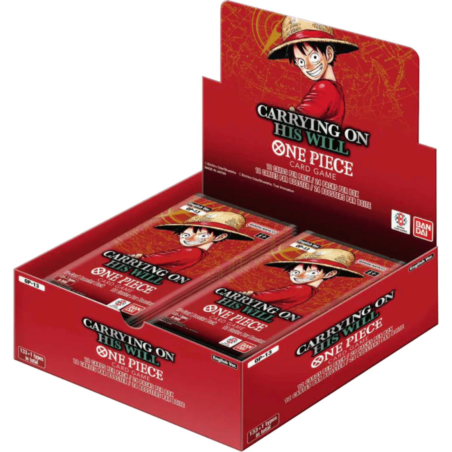 One Piece TCG - Carrying on His Will Booster Box [OP 13] - Red booster box featuring Monkey D. Luffy with straw hat, labeled "Carrying on His Will One Piece," containing multiple.