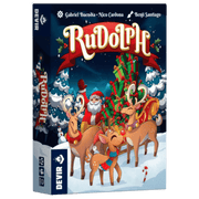 Rudolph - Blue board game box featuring Rudolph the red-nosed reindeer, Santa, and festive Christmas trees in snowy landscape.