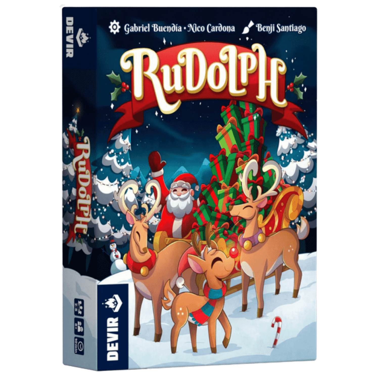 Rudolph - Blue board game box featuring Rudolph the red-nosed reindeer, Santa, and festive Christmas trees in snowy landscape.