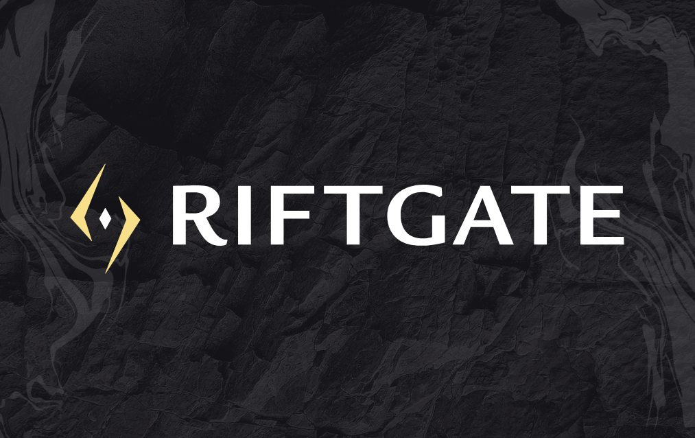 Riftgate Gift Card - Black gift card with textured rock background, white "RIFTGATE" text and gold diamond logo on left.