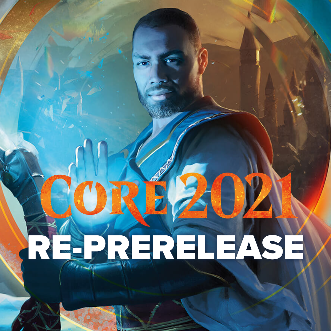 Mtg Core Set: 2021 Re-Prerelease - Provo - The Gathering Core 2021 Re-Prerelease card game artwork featuring a male mage casting a spell with glowing blue and orange.