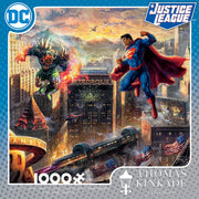Man of Steel 1000 Piece Puzzle - 1000-piece puzzle featuring vibrant Justice League scene with Superman and villain in cityscape background.