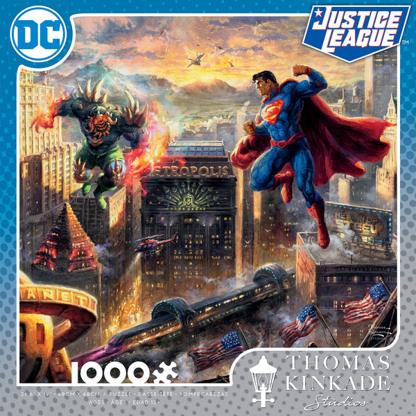 Man of Steel 1000 Piece Puzzle - 1000-piece puzzle featuring vibrant Justice League scene with Superman and villain in cityscape background.