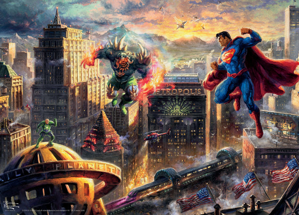 Man of Steel 1000 Piece Puzzle - 1000-piece puzzle featuring vibrant cityscape with Superman flying over detailed buildings at sunset.