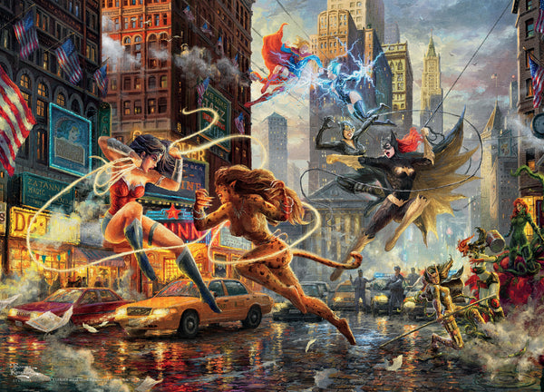 The Women of DC 1000 Piece Puzzle - Colorful puzzle box featuring dynamic artwork of multiple female DC superheroes in action across a cityscape background.