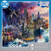 Showdown at Gotham Pier 1000 Piece Puzzle - Colorful 1000-piece puzzle featuring Justice League superheroes over a detailed Gotham City harbor scene at dusk.