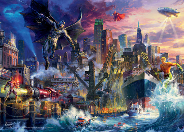 Showdown at Gotham Pier 1000 Piece Puzzle - Colorful 1000-piece puzzle depicting a dramatic Gotham cityscape with Batman, villains, skyscrapers, and a turbulent.