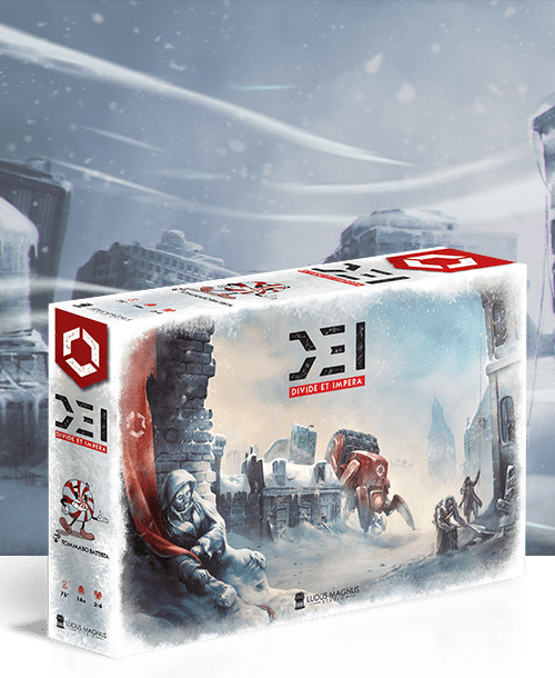 D.E.I: Divide Et Impera: Core Game (PREORDER) - Rectangular board game box with a snowy battlefield scene, warriors, and red accents labeled D.E.