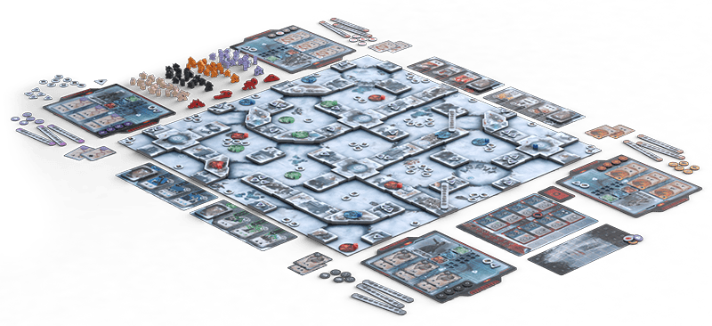 D.E.I: Divide Et Impera: Core Game (PREORDER) - Strategy board game with modular hex tiles depicting icy terrain, multiple colored game pieces, and detailed player boards.
