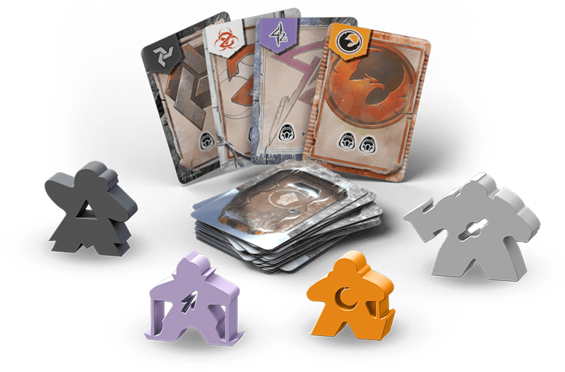 D.E.I: Divide Et Impera: Core Game (PREORDER) - Strategy card game set with colorful character tokens in gray, orange, purple, and brown, fanned cards, and deck box.