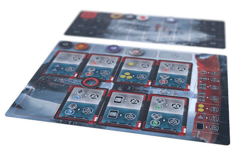 D.E.I: Divide Et Impera: Core Game (PREORDER) - Game board with nine square sections displaying symbols and icons in blue, red, and gray tones with a dark border and status