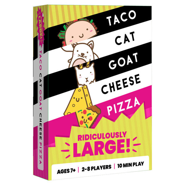 Taco Cat Goat Cheese Pizza Ridiculously Large - Brightly colored game box with playful cartoon taco, cat, goat, cheese, and pizza illustrations on a striped black and white