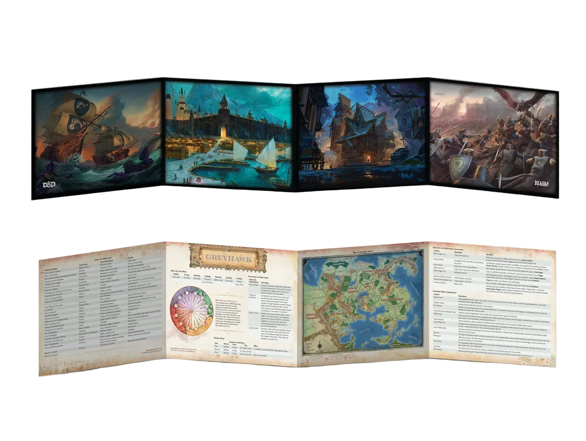 D&D 5e: Dungeon Master's Guide Premium Map Collection (PREORDER) - Four fantasy-themed, illustrated game maps with vibrant colors displayed above an open, detailed guidebook featuring a color