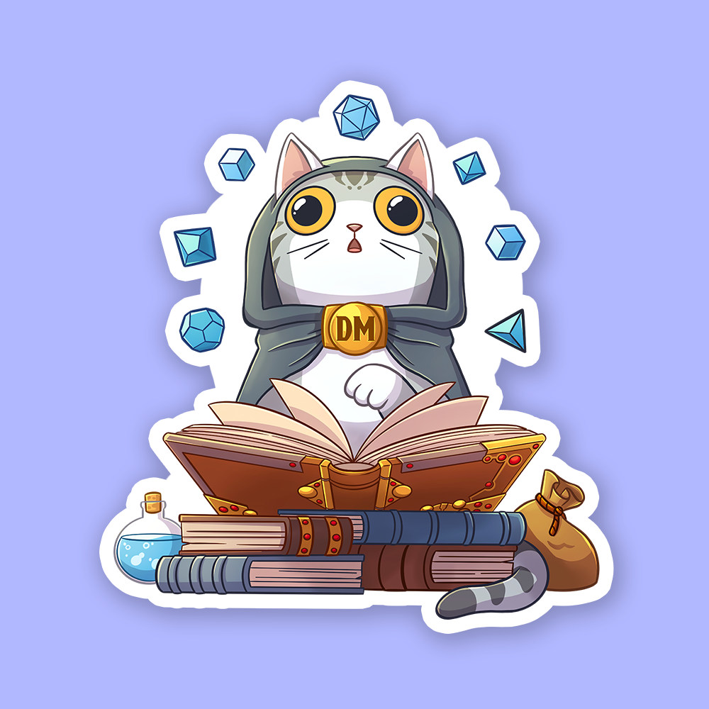 DM D&D Cat Sticker - White cat wearing a dark cloak and a DM collar, surrounded by blue dice, with open and closed books and potion bottles.